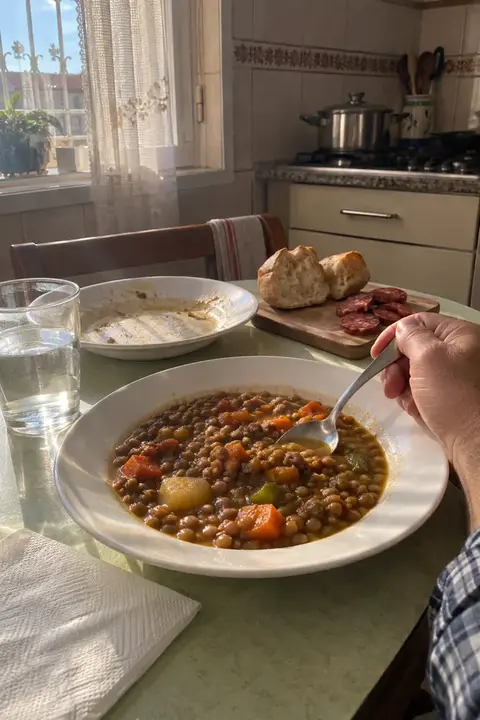 Plato de lentejas con verduras junto a otro plato ya vacío y un bocadillo de chorizo en una mesa de cocina