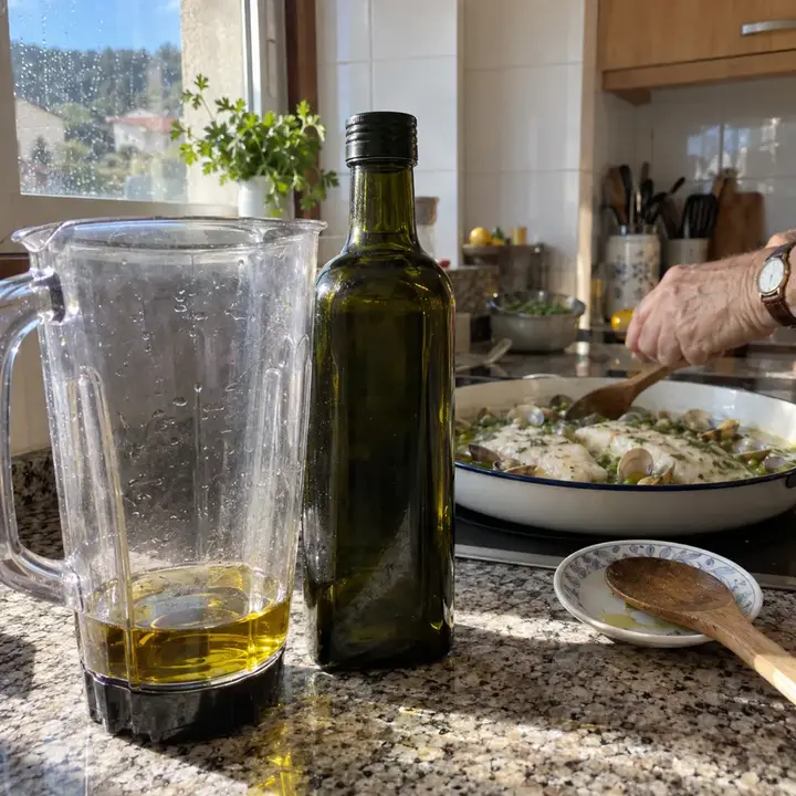 Jarrita medidora con un poco de aceite de oliva y, detrás, merluza en salsa verde con almejas en la cazuela