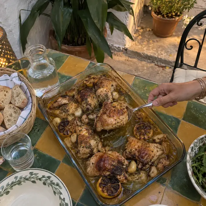 Fuente de cristal con pollo al ajillo dorado al horno, con dientes de ajo y limón, en un patio andaluz