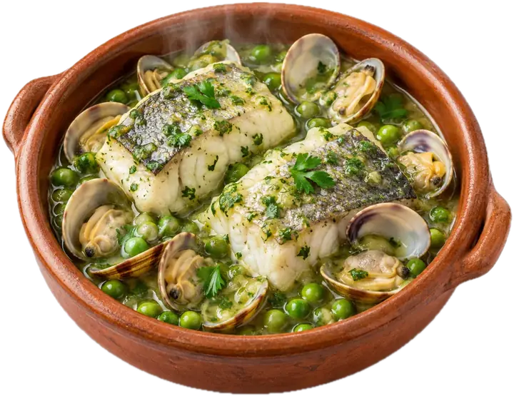 Merluza en salsa verde con almejas y guisantes
