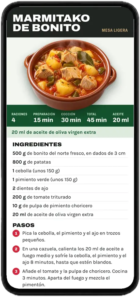 Página de la receta de marmitako de bonito del recetario, abierta en un móvil